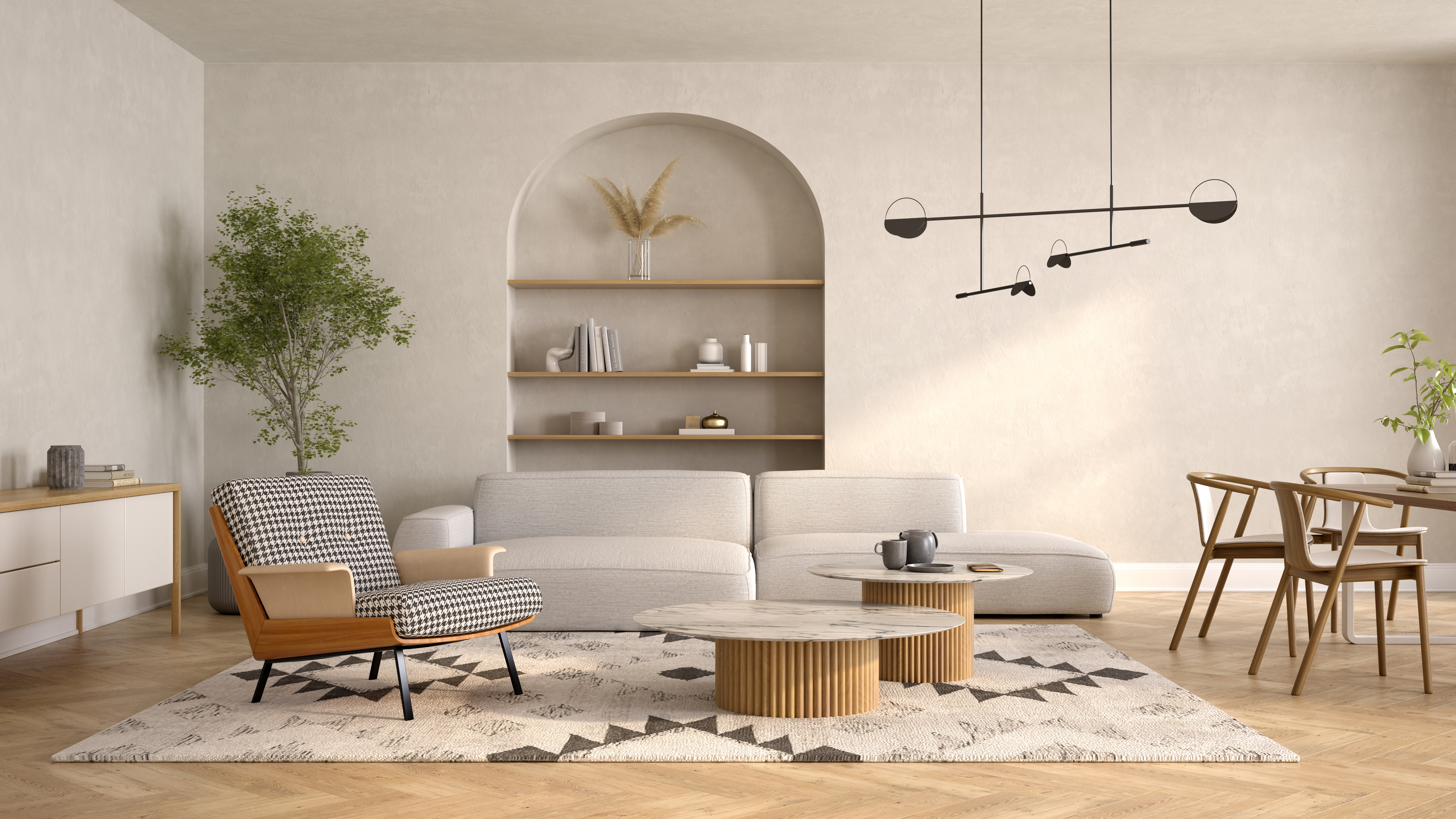 Bright, neutrally styled living room staged for sale