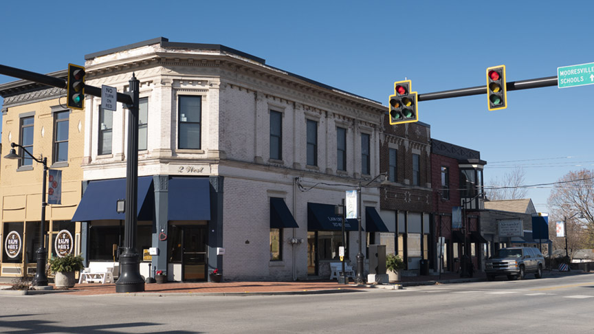 Historic downtown Mooresville, Indiana with small-town storefronts